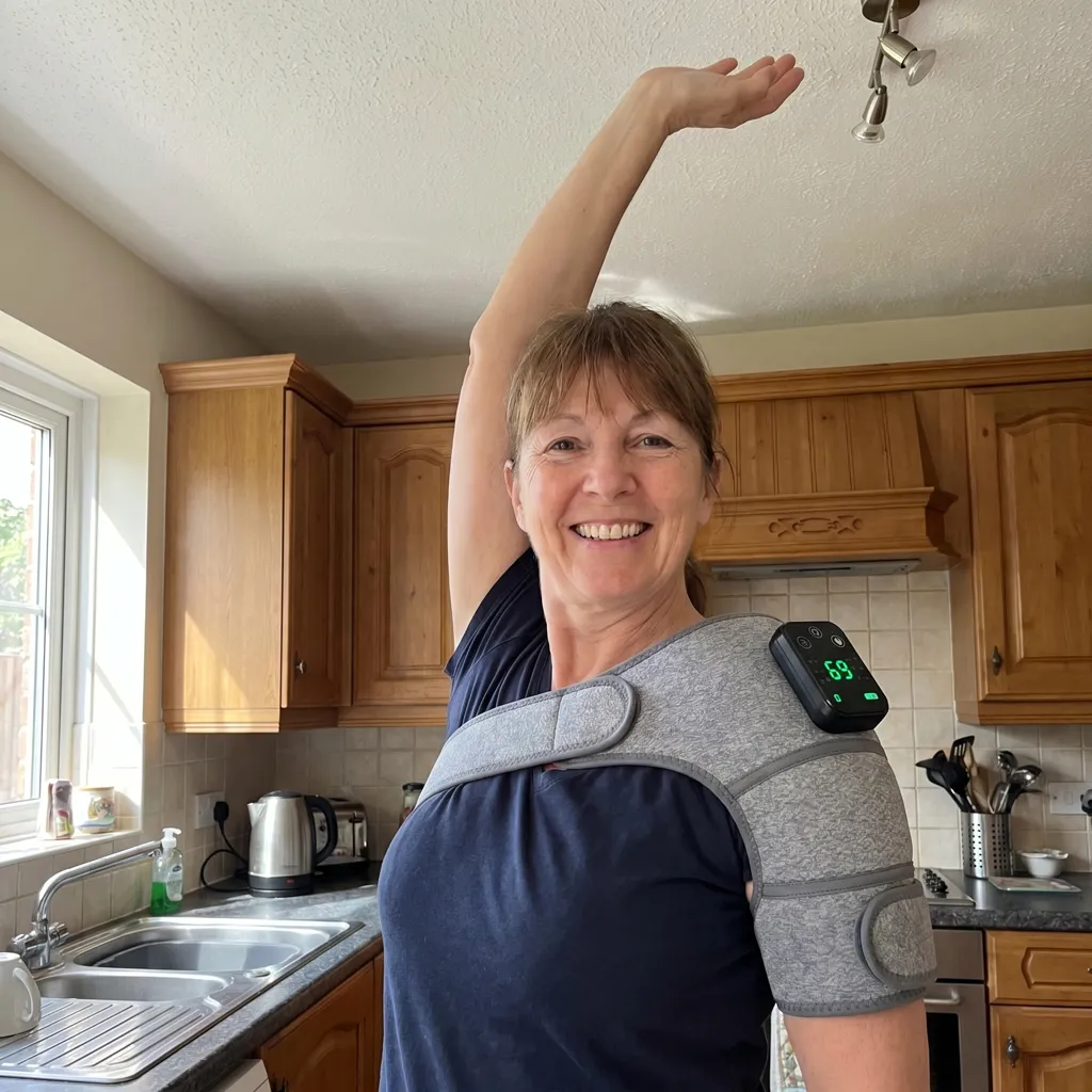 Woman raising her arm overhead while wearing SootheThera