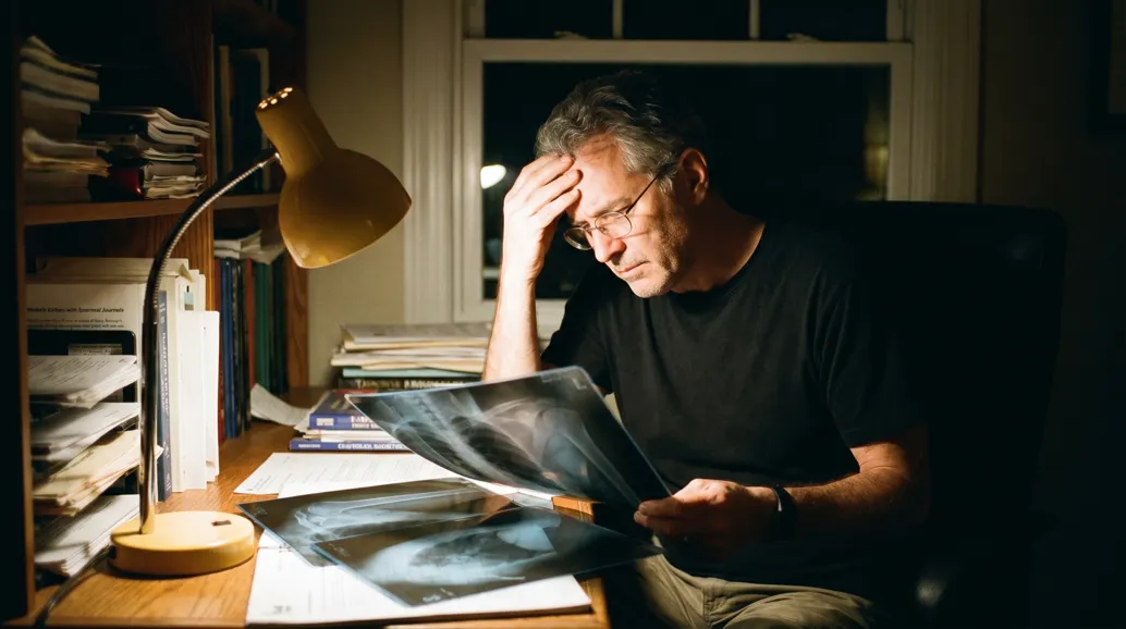 Surgeon studying X-rays late at night